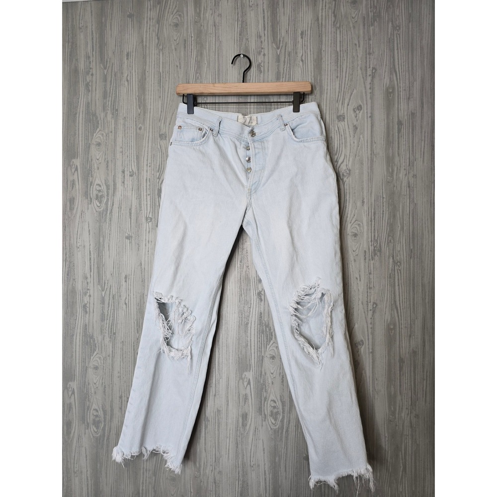 We The Free Maggie Distressed Straight Jeans Women 27 Light Wash Raw Hem